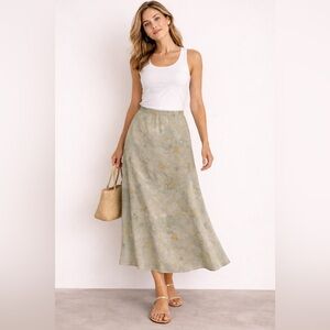 100% Silk Boho Cottagecore Floral Maxi Skirt Sage Green Flowy Boho Size M